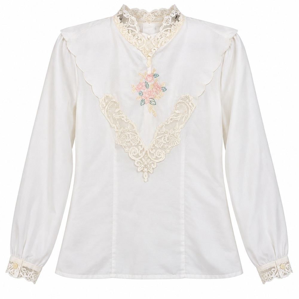 Vtg 80s Nicola White Lace Embroidered Blouse Romantic Victorian Cottagecore S